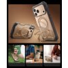 Złote etui SUPCASE UB Grip Pro Mag MagSafe do Apple iPhone 17 Pro jest przedstawione na tle w kolorze brązowym, z widocznymi trzema aparatami i czarnymi wzmocnieniami na krawędziach. Na dole znajdują się trzy zdjęcia pokazujące etui w różnych sytuacjach u