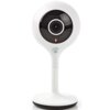 Biała kamera o nowoczesnym designie z czarnym obiektywem i czerwonym wskaźnikiem LED, umieszczona na białej podstawie. Na obudowie widoczne jest logo producenta.