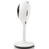 Biała kamera o nowoczesnym, opływowym kształcie zamontowana na okrągłej podstawie. Urządzenie ma widoczne otwory wentylacyjne i gładką powierzchnię.