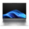 Srebrny laptop z otwartym ekranem, na którym widoczna jest abstrakcyjna grafika z niebieskimi falami. Klawiatura jest pełnowymiarowa, a na obudowie znajduje się logo producenta.