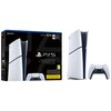 Na zdjęciu znajduje się konsola w białym kolorze z czarnymi akcentami oraz kontroler, a obok widoczny jest czarny karton z logo "SONY" i napisem "PS5 PlayStation 5 Digital Edition". Na opakowaniu znajdują się także oznaczenia "825GB/175", "4K 120fps", "HD