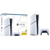 Na zdjęciu widoczna jest konsola w kolorze białym z czarnymi elementami oraz kontroler, a obok znajduje się opakowanie z napisem "SONY", "PS5", "PlayStation 5" i oznaczeniem "1TB/825GB" oraz "HDR". Na opakowaniu widnieje także symbol PEGI 7.
