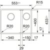 Schemat techniczny zlewozmywaka półtorakomorowego z wymiarami: szerokość 553±1 mm, wysokość 433±1 mm, głębokość komór około 400 mm i 150 mm, promienie zaokrągleń R20 i R15. Widoczne są także dodatkowe wymiary: 340 mm, 29 mm oraz 17 mm.