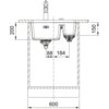 Schemat techniczny przedstawiający zlewozmywak półtorakomorowy z wymiarami: 200 mm, 150 mm, 88 mm, 184 mm oraz 600 mm. Widoczne są szczegóły konstrukcyjne, takie jak odpływy i otwory montażowe.