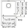Schemat zlewozmywaka jednokomorowego z wymiarami: 41x46 cm, z oznaczeniami 16⅛" (41 cm), 14⁹/₁₆" (37 cm), 18⅛" (46 cm), 16½" (42 cm), 51/₆₄" (2 cm) oraz promieniem R10. W centrum znajduje się okrągły otwór odpływowy.