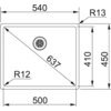 Schemat zlewozmywaka jednokomorowego z wymiarami: szerokość 540 mm, głębokość 450 mm, promienie zaokrągleń R12 i R13, oraz przekątna 637 mm. Widoczny jest również otwór odpływowy.