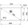 Schemat zlewozmywaka jednokomorowego z oznaczeniami wymiarów: 725 mm szerokości, 450 mm wysokości, 685 mm wewnętrznej szerokości, 410 mm wewnętrznej wysokości, oraz promieniami R12 i R13. Na przekątnej widnieje liczba 789, a w górnej części znajduje się o