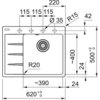 Schemat techniczny zlewozmywaka jednokomorowego z ociekaczem, zawierający wymiary: 620x500 mm, średnica otworu 35 mm, promienie R15 i R20, oraz odległości między otworami wynoszące 115 mm. Widoczne są także oznaczenia wymiarów ociekacza i komory, takie ja