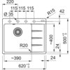 Schemat techniczny zlewozmywaka jednokomorowego z ociekaczem, zawierający szczegółowe wymiary: szerokość 620 mm, głębokość 500 mm, średnica otworu 35 mm, promienie R15 i R20, oraz odległości między otworami wynoszące 115 mm. Na rysunku widoczne są również