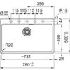 Schemat techniczny zlewozmywaka jednokomorowego z oznaczeniami wymiarów: 780+3/0 mm szerokości, 500+2/0 mm wysokości, 731 mm długości komory, oraz promieniami R15 i R20. Widoczne są także otwory o średnicy Ø35 mm i odległości między nimi wynoszące 115 mm.