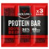 Opakowanie produktu z trzema batonami proteinowymi marki Jack Link's, z widocznymi napisami: "100% BEEF", "32% PROTEIN", "65 KCAL PER BAR", "ORIGINAL" oraz "x3 BARS". Na górze opakowania znajduje się logo Jack Link's z wizerunkiem byka.