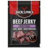 Opakowanie suszonej wołowiny z napisem "Jack Link's Protein Snacks" na górze, "Beef Jerky Teriyaki" poniżej oraz "100% Beef | High Protein" na dole. Na opakowaniu widoczne są kawałki suszonej wołowiny oraz miseczka z sosem.