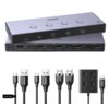 Na zdjęciu widoczny jest przełącznik KVM marki UGREEN z kilkoma portami USB i HDMI, oznaczonymi jako "5Gbps", "HDMI Output", "PC4 Input", "PC3 Input", "PC2 Input", "PC1 Input", "HDMI Video", "USB-C Data". Poniżej znajdują się różne kable z oznaczeniami "U