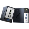 Na zdjęciu widoczny jest komputer GMKTEC EVO-X1 z różnymi portami, w tym USB, HDMI, LAN oraz przyciskiem zasilania. Na obudowie znajduje się logo "GMKtec".