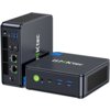 Na zdjęciu widoczne są dwa czarne komputery mini PC z logo "GMKtec" na obudowach. Jeden z nich jest ustawiony pionowo, a drugi poziomo, z widocznymi portami USB, przyciskiem zasilania i otworami wentylacyjnymi.
