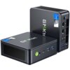 Dwa czarne komputery mini PC z logo "GMKtec" na obudowach, z widocznymi portami USB, Ethernet oraz przyciskiem zasilania. Na jednym z urządzeń znajduje się naklejka z napisem "Intel Core i7".