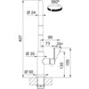 Schemat techniczny baterii kuchennej z wymiarami: wysokość 407 mm, średnica wylewki 24 mm, średnica otworu montażowego 35 mm, zasięg wylewki 99 mm, kąt obrotu 360 stopni, oraz dodatkowe wymiary 73 mm, 135 mm i 155 mm. Na schemacie widoczny jest również ką