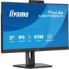 Monitor marki iiyama z serii ProLite XUB2790QSUH-B2 o przekątnej 27 cali, rozdzielczości 2560x1440 pikseli, technologii IPS, częstotliwości odświeżania 100Hz i czasie reakcji 0.4 ms. Na ekranie widoczne są informacje: "27” 68.5cm, IPS 2560x1440, 65W USB-C, KVM SWITCH, Hello 5MP Cam".