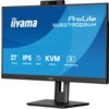 Monitor marki iiyama z widocznym ekranem, na którym znajdują się napisy: "ProLite XUB2790QSUH", "27” 68.5cm", "IPS 2560x1440", "65W USB-C", "KVM SWITCH", "Hello 5MP Cam". Na obudowie monitora widoczne jest logo iiyama.