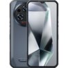 Na zdjęciu widoczny jest szary smartfon z dużym ekranem, na którym wyświetlany jest abstrakcyjny wzór przypominający kryształ. Obok ekranu znajduje się tylna część urządzenia z teksturowaną powierzchnią, dwoma obiektywami aparatu oraz logo "OUKITEL".