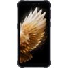 Smartfon z wyświetlaczem przedstawiającym abstrakcyjny wzór przypominający złote i białe pióra na czarnym tle. Obudowa urządzenia jest solidna, z widocznymi elementami ochronnymi.