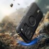 Czarne etui TECH-PROTECT Kevlar MagSafe do Apple iPhone 17 Pro Max unosi się w powietrzu w dynamicznej scenerii z unoszącymi się drobinkami kurzu i kamieni. Etui ma wyraźne, geometryczne wzory i otwory na aparat oraz przyciski.