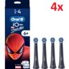 Na zdjęciu znajduje się opakowanie z napisem "Oral-B iO Kids Marvel Spider-Man 6+" oraz cztery czarne końcówki szczoteczki do zębów. W prawym górnym rogu widnieje czerwony napis "4x".