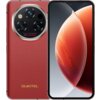 Czerwony smartfon z dużym ekranem, na którym widoczna jest abstrakcyjna grafika w odcieniach pomarańczowego i szarego. Na tylnej obudowie znajduje się okrągły moduł z trzema obiektywami i napisem "SUPER PERFORMANCE HD CAMERA", poniżej logo "OUKITEL".