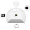 Biała lampa UV/LED do paznokci z wyświetlaczem cyfrowym pokazującym "8.8" oraz przyciskami oznaczonymi jako "30s", "60s", "99s Low Heat Mode" i "Double power". Na obudowie widoczne jest logo "NEONAIL".
