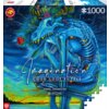 Na zdjęciu znajduje się pudełko puzzli z ilustracją przedstawiającą niebieską, fantastyczną postać z czaszką i porożem na tle gwiaździstego nieba i zachodzącego słońca. Na opakowaniu widnieje tekst: "Imagination Good Loot Puzzle Kamil Jakóbczak" oraz licz