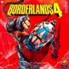 Na czerwonym tle znajduje się postać w masce z niebieskimi i czerwonymi elementami, z uniesioną ręką, a nad nią widnieje duży napis "BORDERLANDS 4". W prawym dolnym rogu znajduje się logo z napisem "1000" oraz informacja o grubości kartonu i dodatkowej gr