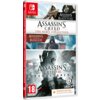 Okładka gry na konsolę Nintendo Switch z tytułem "Assassin’s Creed Compilation (Rebel Collection + AC3)". Widoczne są loga "Assassin's Creed IV Black Flag", "Assassin's Creed Rogue", "Assassin's Creed III Remastered", logo Ubisoft oraz oznaczenie wiekowe 