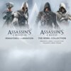 Na zdjęciu widoczne są postacie z gier "Assassin's Creed III Remastered + Liberation" oraz "Assassin's Creed The Rebel Collection", z napisami: "ASSASSIN'S CREED III REMASTERED + LIBERATION" i "ASSASSIN'S CREED THE REBEL COLLECTION ASSASSIN'S CREED IV BLA