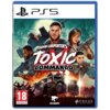 Okładka gry "John Carpenter's Toxic Commando" na PS5 przedstawia postacie z bronią na tle pełni księżyca oraz pojazd terenowy z reflektorami. Widoczne są loga "SABER" i "FOCUS ENTERTAINMENT", a w dolnym rogu znajduje się oznaczenie wiekowe 18+ oraz adres 