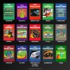 Na zdjęciu znajduje się zestaw okładek gier wideo z kolekcji Activision, w tym tytuły takie jak "Beamrider", "Crackpots", "Demon Attack", "Enduro", "Fishing Derby", "Freeway", "Grand Prix", "Megamania", "Pitfall!", "Private Eye", "River Raid", "Sky Jinks"