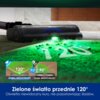 Na zdjęciu widoczny jest odkurzacz z logo "TINECO", emitujący zielone światło pod kątem 120 stopni, które oświetla powierzchnię z kurzem. Na dole znajduje się tekst: "Zielone światło przednie 120° Oświetla niewidoczny kurz, nie pozostawiając śladów." oraz porównanie widoczności 120° i 90° z podpisami "Dobra widoczność" i "Słaba widoczność".