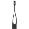 Czarny adapter z dwoma przewodami, zakończony złączem USB-C, z widocznym logo "UGREEN" na wtyczce. Na końcówkach przewodów znajdują się oznaczenia: "PD" z symbolem błyskawicy oraz ikona słuchawek.