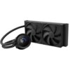 Czarne chłodzenie wodne z dwoma wentylatorami i okrągłym wyświetlaczem, na którym widnieje napis "NZXT 32° Liquid". Produkt ma elegancki, nowoczesny design z widocznymi przewodami.