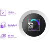 Na zdjęciu znajduje się okrągły wyświetlacz z napisem "NZXT 32° Liquid" oraz kolorowym wskaźnikiem w kształcie półkola. Obok wyświetlacza znajdują się trzy ikony z tekstem: "1.54 in Square LCD", "240x240 Resolution" i "30 Hz Refresh Rate".