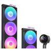 Na zdjęciu widoczne są dwa zestawy chłodzenia wodnego z podświetleniem RGB, oznaczone jako 360 mm i 240 mm, oraz okrągły element z wyświetlaczem pokazującym "32° Liquid" i logo "NZXT".