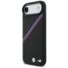 Czarne etui na telefon z perforowaną powierzchnią, ozdobione ukośnymi paskami w kolorach niebieskim, granatowym i czerwonym. Na dole widoczne jest logo BMW oraz litera "M".