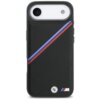 Czarne etui na telefon z widocznymi perforacjami i ukośnymi paskami w kolorach niebieskim, granatowym i czerwonym. Na dole znajduje się logo z literą "M" oraz okrągłe logo z niebiesko-białym wzorem.