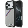 Szare etui na telefon z perforowaną powierzchnią i trzema paskami w kolorach niebieskim, granatowym i czerwonym, z widocznym logo BMW M na dole. Obok etui znajduje się telefon z ciemnym ekranem.