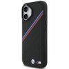 Czarne etui na telefon z perforowaną powierzchnią, ozdobione ukośnymi paskami w kolorach niebieskim, granatowym i czerwonym oraz metalowym logo z literą "M" w dolnym rogu. W górnej części widoczne są dwa otwory na aparaty.