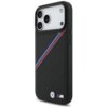 Czarne etui na telefon z trzema dużymi otworami na aparaty, ozdobione ukośnymi paskami w kolorach niebieskim, granatowym i czerwonym oraz metalowym logo "M" w dolnym rogu. Na etui widoczne jest również okrągłe logo z niebieskimi i białymi elementami.