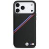 Czarne etui na telefon z perforowaną teksturą i ukośnym paskiem w kolorach niebieskim, granatowym i czerwonym, z logo BMW M na dole. W górnej części widoczne są trzy otwory na aparaty i jeden na lampę błyskową.