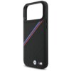 Czarne etui na telefon z perforowaną powierzchnią i ukośnymi paskami w kolorach niebieskim, granatowym i czerwonym. Na dole widoczne jest logo z literą "M" w tych samych kolorach.