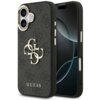 Czarne etui na telefon z dużym, złotym logo "4G" oraz napisem "GUESS" na dole, zaprojektowane dla modelu Apple iPhone 17. Etui ma teksturowaną powierzchnię z subtelnym wzorem i wycięciami na przyciski oraz aparat.
