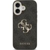 Czarne etui na telefon z wyraźnym, dużym logo "4G" w kolorze złotym na tle wzoru z mniejszych, ciemnych logo. Na dole widoczny jest napis "GUESS" w kolorze złotym.