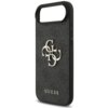 Czarne etui na telefon z dużym, srebrnym logo składającym się z liter "G" i "C" na tle wzoru 4G. Na dole etui widoczny jest napis "GUESS".